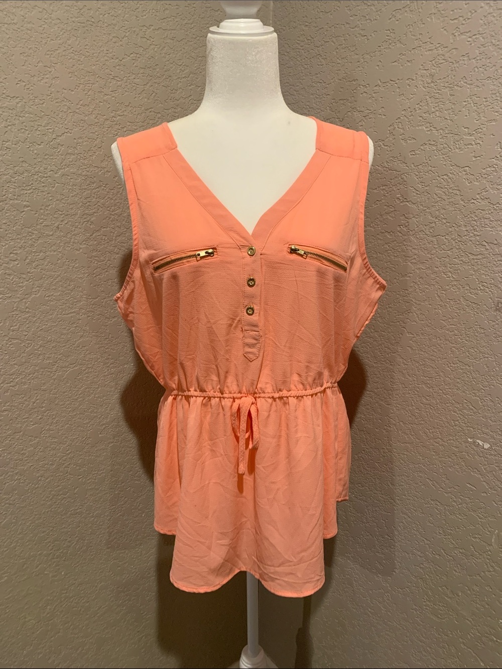 Rue21 Coral Sleeveless Drawstring Peplum Tank with Gold Zippers